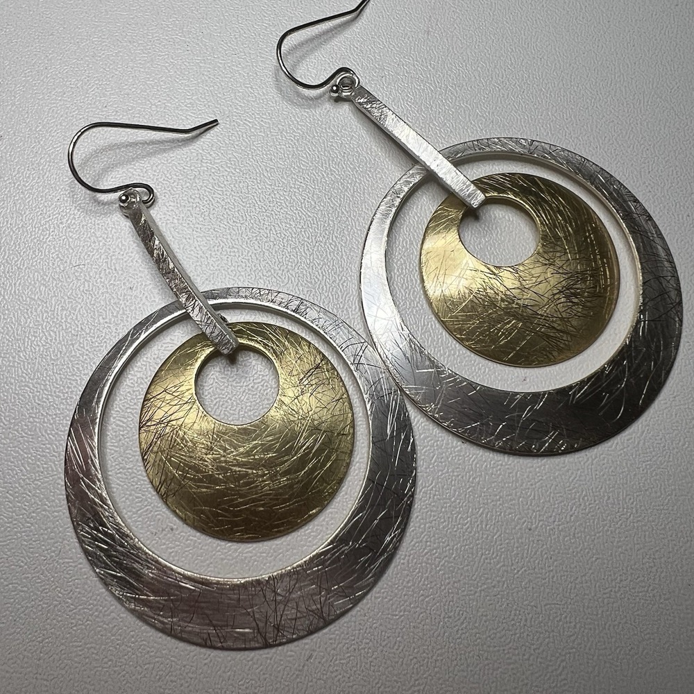 Vtg Handmade Western Moroccan Style Silver & Goldfield Textured Dangle Earrings